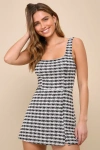 Lulus Charming Direction Black And Ivory Tweed Plaid Skort Romper In Black And Ivory
