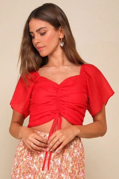 Lulus Charming Drama Red Organza Ruched Short Sleeve Top