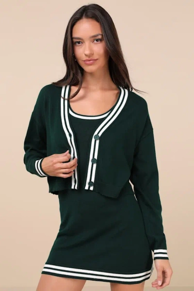Lulus Charming Duo Dark Green Two-piece Sweater Dress & Cardigan Set