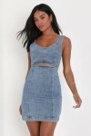 Lulus Charming Edge Light Blue Denim Cutout Mini Dress In Light Blue