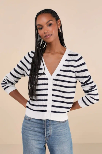 Lulus Charming Element Ivory And Navy Striped Cardigan Sweater