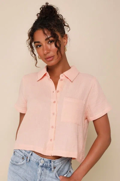 Lulus Charming Endeavors Peach Textured Cotton Button-up Collared Top
