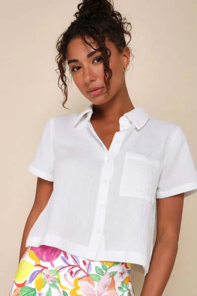 Lulus Charming Endeavors White Textured Cotton Button-up Collared Top
