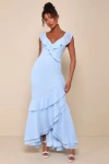 LULUS CHARMING EVENT LIGHT BLUE ASYMMETRICAL RUFFLED MAXI DRESS