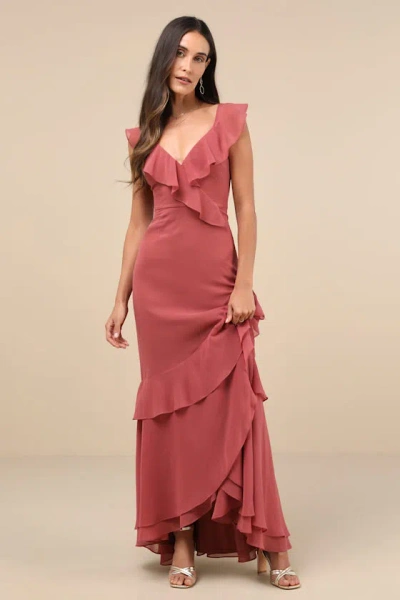 Lulus Charming Event Rusty Rose Asymmetrical Ruffled Maxi Dress In Pink