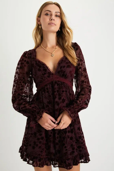 Lulus Charming Favorite Burgundy Burnout Velvet Babydoll Mini Dress