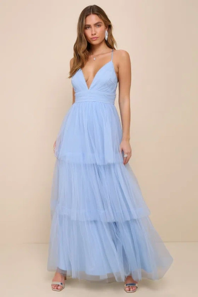 Lulus Charming Glamour Light Blue Tulle Sleeveless Tiered Maxi Dress