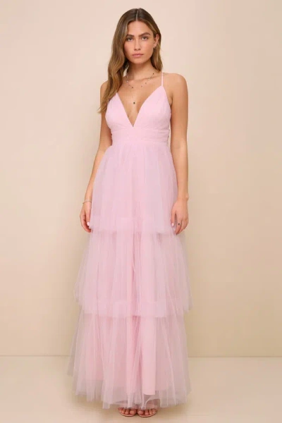 Lulus Charming Glamour Light Pink Tulle Sleeveless Tiered Maxi Dress