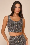 Lulus Charming Icon Black Tweed Lurex Sleeveless Button-front Top In Black