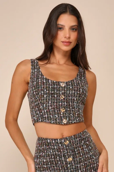 Lulus Charming Icon Black Tweed Lurex Sleeveless Button-front Top
