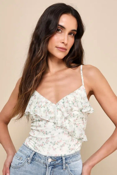 Lulus Charming Inclination Cream Floral Mesh Ruffled Bodysuit In White