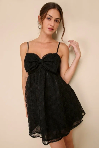 Lulus Charming Intent Black Mesh Floral Applique Bow Mini Dress