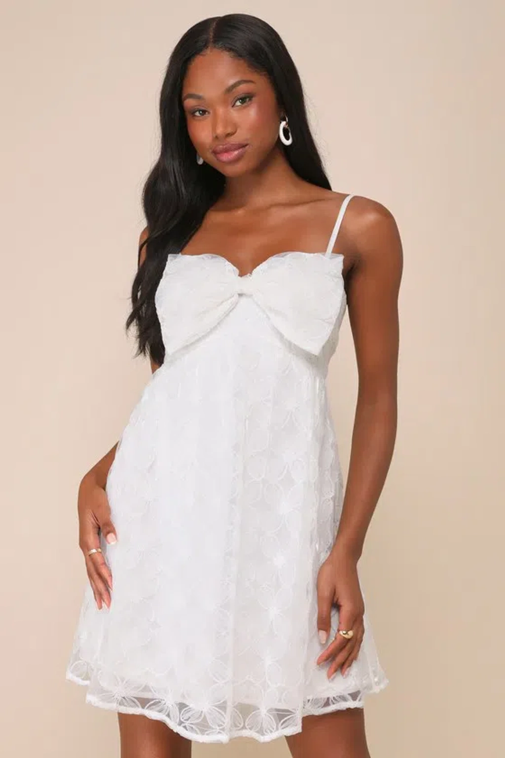 Lulus Charming Intent White Mesh Floral Applique Bow Mini Dress | ModeSens