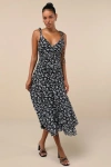 Lulus Charming Invitation Black Floral Tie-strap Drop Waist Midi Dress In Black
