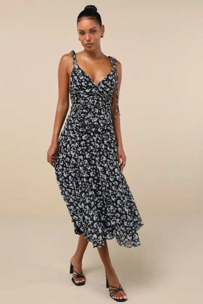 Lulus Charming Invitation Black Floral Tie-strap Drop Waist Midi Dress