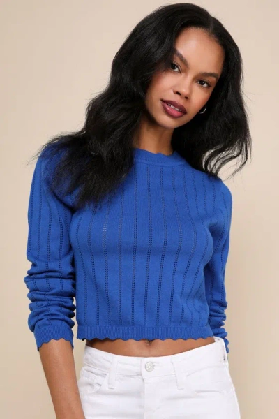 Lulus Charming Mentality Cobalt Blue Pointelle Knit Cropped Sweater