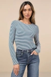Lulus Charming Necessity White And Teal Striped Long Sleeve Bodysuit In Teal