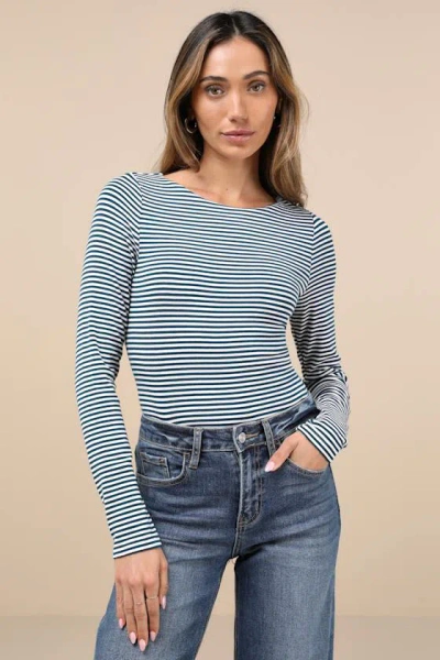 Lulus Charming Necessity White And Teal Striped Long Sleeve Bodysuit
