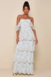 Lulus Charming Passion Mint Green Floral Off-the-shoulder Maxi Dress In Mint Green