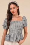 Lulus Charming Sense Cream And Navy Gingham Smocked Peplum Top In Navy