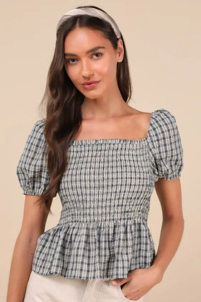 Lulus Charming Sense Cream And Navy Gingham Smocked Peplum Top