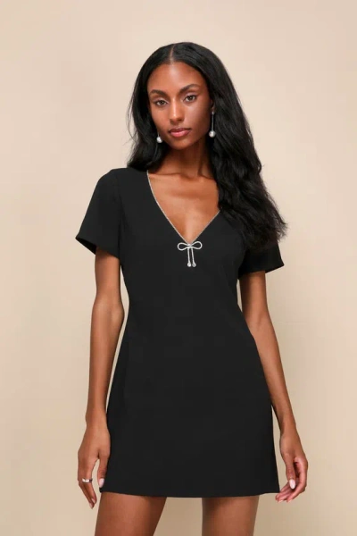 Lulus Charming Sparkle Black Rhinestone Bow Short Sleeve Mini Dress