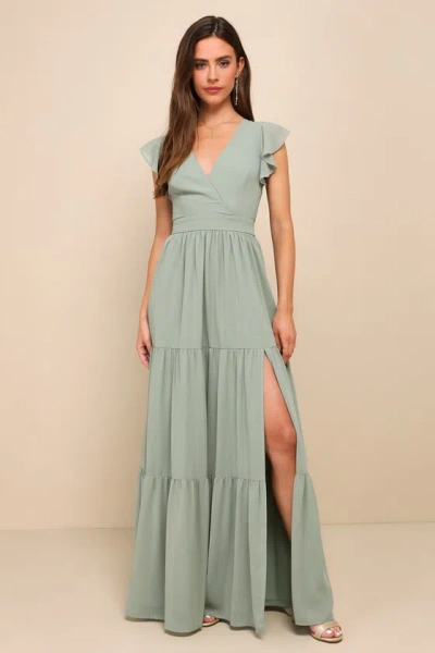 Lulus Charming Success Sage Brush Tiered Lace-up Backless Maxi Dress In Green