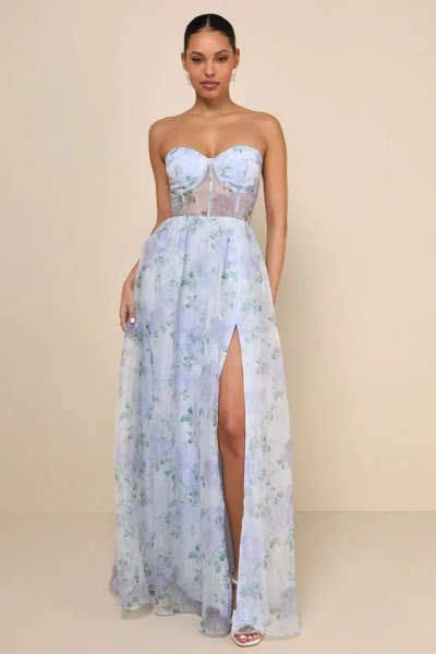 Lulus Charming Sweetness Periwinkle Floral Organza Bustier Maxi Dress In Blue