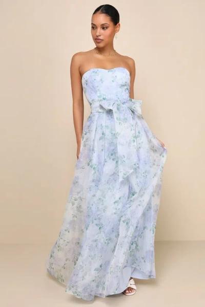 Lulus Charming Sweetness Periwinkle Floral Organza Pleated Maxi Dress In Blue