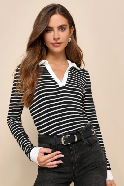 Lulus Charming Trend Black And White Striped Collared Long Sleeve Top