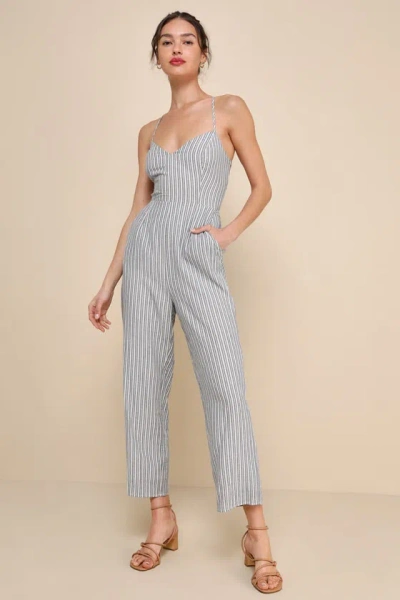 Lulus Charming Vacay Ivory And Blue Striped Lace-up Jumpsuit
