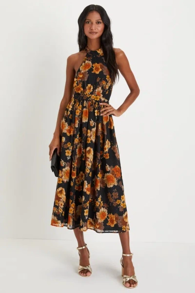 Lulus Charming Vision Black Floral Swiss Dot Lurex Halter Midi Dress