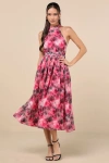 Lulus Charming Vision Fuchsia Floral Swiss Dot Lurex Halter Midi Dress In Fuchsia