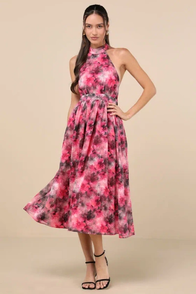 Lulus Charming Vision Fuchsia Floral Swiss Dot Lurex Halter Midi Dress