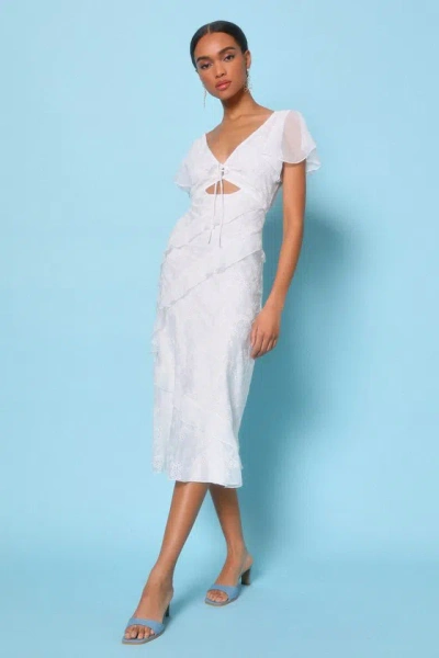 Lulus Charming Whimsy White Eyelet Ruffled Tie-back Midi Dress