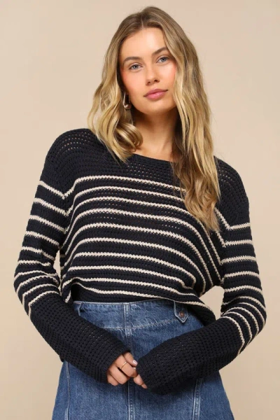 Lulus Charmingly Comfortable Navy Blue Striped Loose-knit Sweater