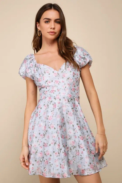 Lulus Charmingly Romantic Blue Floral Burnout Puff Sleeve Mini Dress