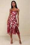 Lulus Charmingly Sophisticated Burgundy Tulle Embroidered Midi Dress In Burgundy