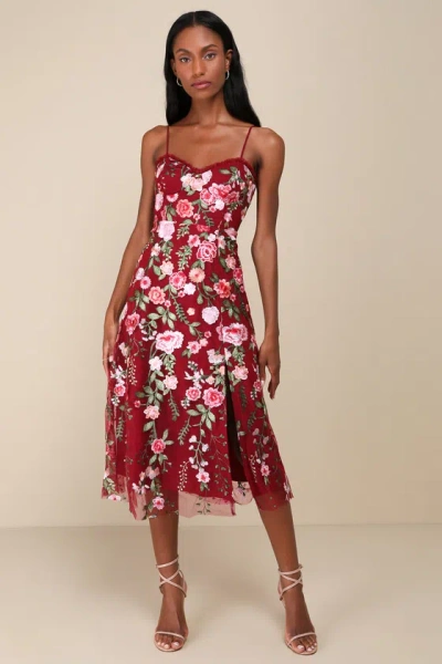 Lulus Charmingly Sophisticated Burgundy Tulle Embroidered Midi Dress