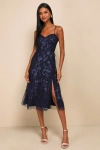 Lulus Charmingly Sophisticated Navy Blue Tulle Embroidered Midi Dress In Navy Blue