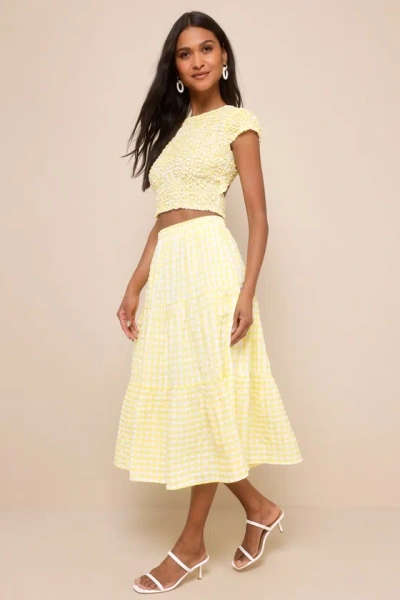 Lulus Cheerful Perfection Yellow Gingham Smocked Two-piece Midi Dress