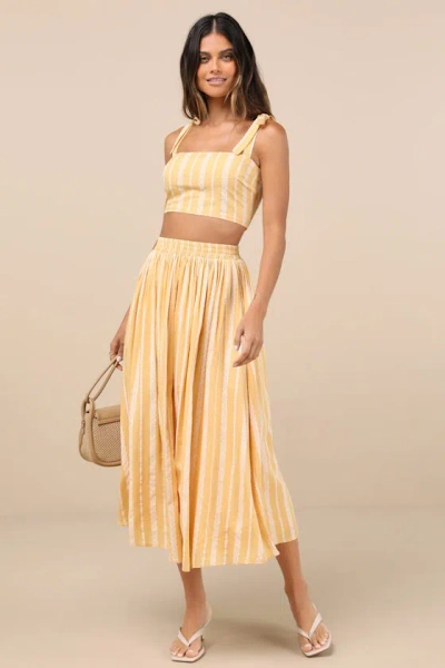 Lulus Cheerful Season Yellow Striped Two-piece Midi Dress With Pockets