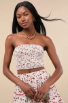 Lulus Chelan White Cherry Print Smocked Strapless Crop Top