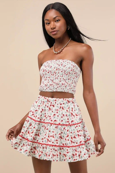 Lulus Chelan White Cherry Print Tiered Mini Skirt