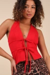 Lulus Chelsa Red Seamed Tie-front Halter Top In Red