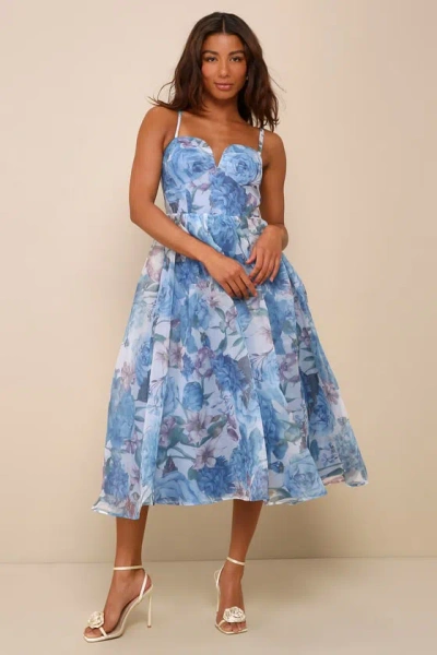 Lulus Cherished Aura Blue Multi Floral Organza Bustier Midi Dress