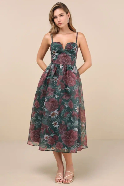 Lulus Cherished Aura Green Floral Organza Bustier Midi Dress