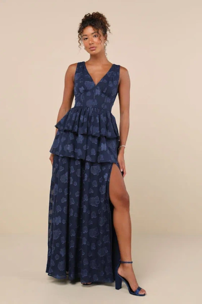 Lulus Cherished Elegance Navy Blue Burnout Jacquard Tiered Maxi Dress