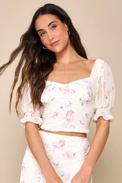 Lulus Cherished Perfection Cream Floral Print Puff Sleeve Crop Top In White
