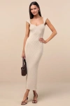 Lulus Chiara Beige Ribbed Knit Cap Sleeve Midi Dress In Nude